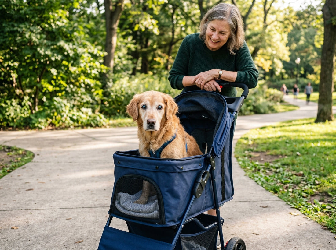 A senior blind Golden Retriever sitting safely inside an enclosed pet stroller with mesh windows open in a sunny neighborhood park.