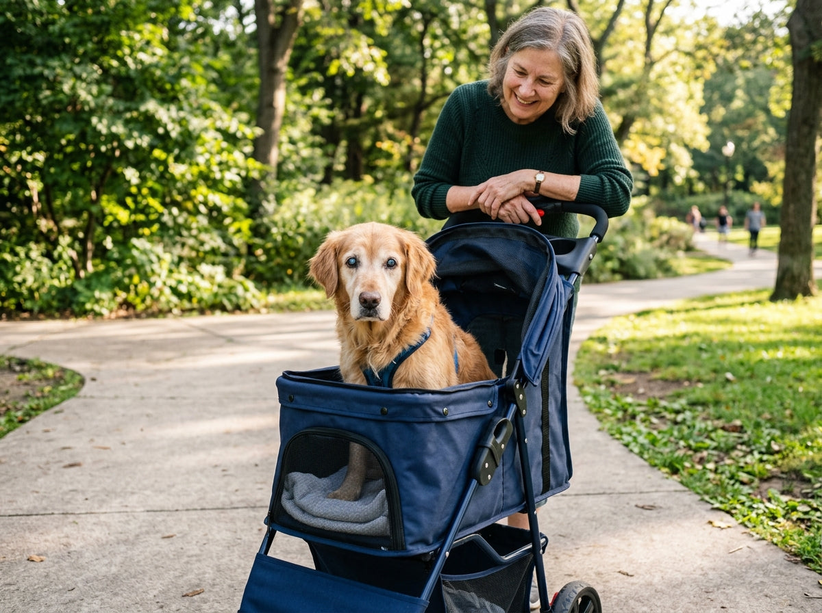 A senior blind Golden Retriever sitting safely inside an enclosed pet stroller with mesh windows open in a sunny neighborhood park.