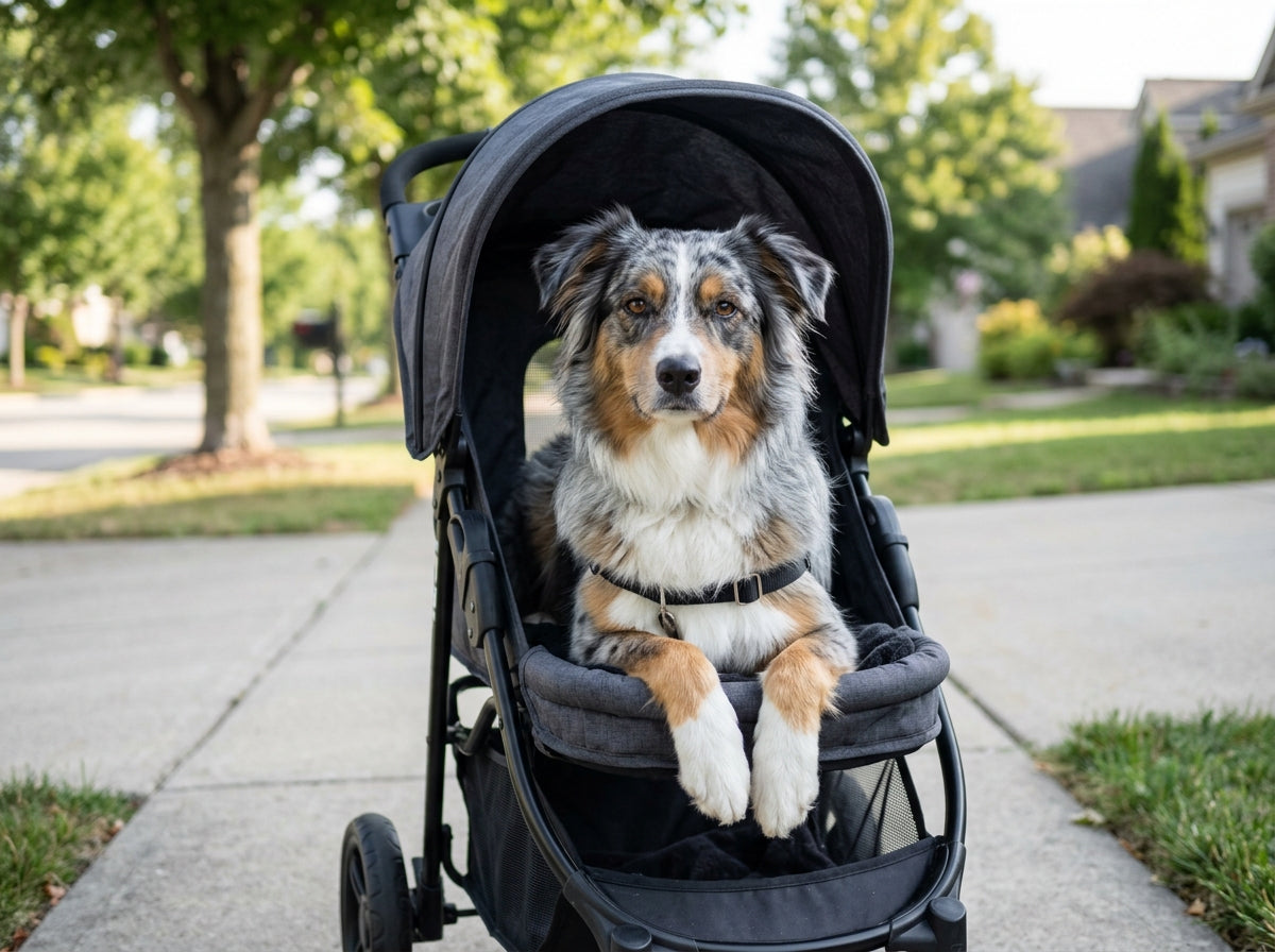 Alert Australian Shepherd sitting calmly inside an open pet stroller on a quiet suburban path.