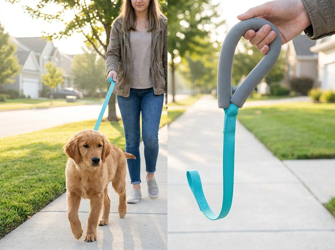 A pet parent holding a bright colorful nylon dog leash with a comfortable foam handle while training a young Golden Retriever on a sidewalk.