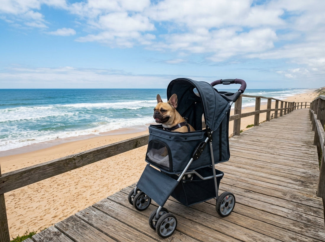 A modern dark grey pet stroller parked on a sunny wooden coastal boardwalk overlooking a sandy ocean beach.