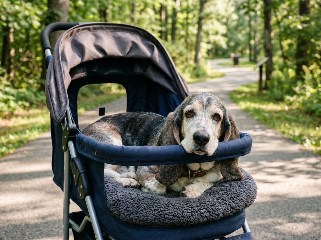 Senior Basset Hound resting comfortably on plush clean bedding inside an open pet stroller on a sunny path.