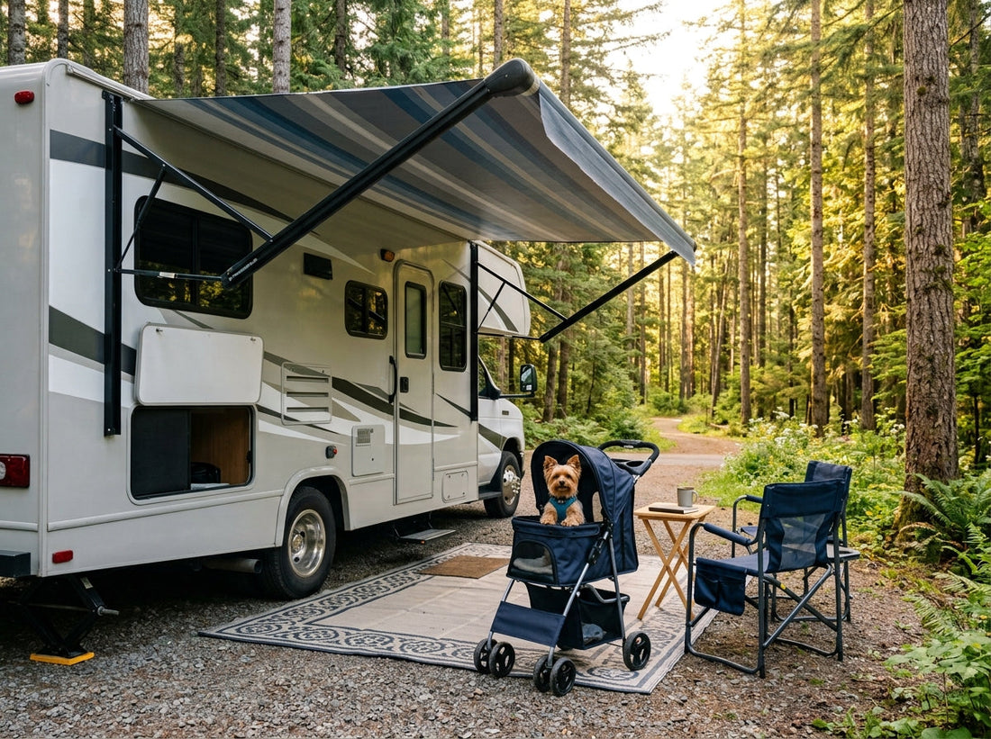 A small Yorkshire Terrier relaxing inside an open pet stroller set up beneath an RV camper awning at a wooded campsite.
