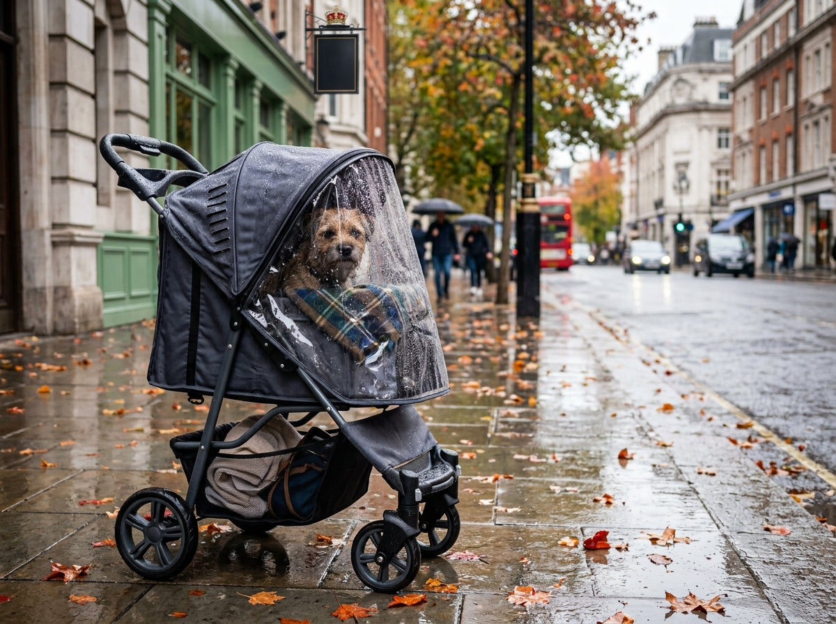 Small terrier resting inside a covered pet stroller with clear rain shield on a wet urban sidewalk.