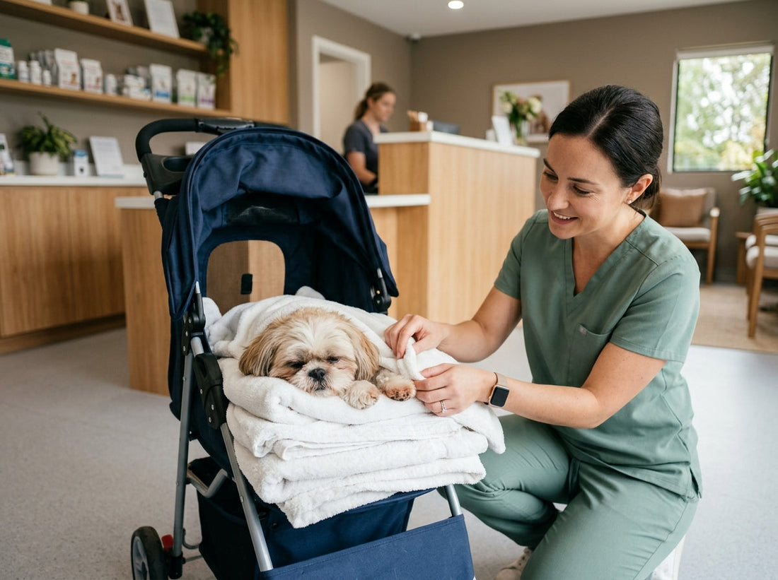 A groggy small dog resting comfortably on soft blankets inside a modern pet stroller in a quiet veterinary clinic lobby.