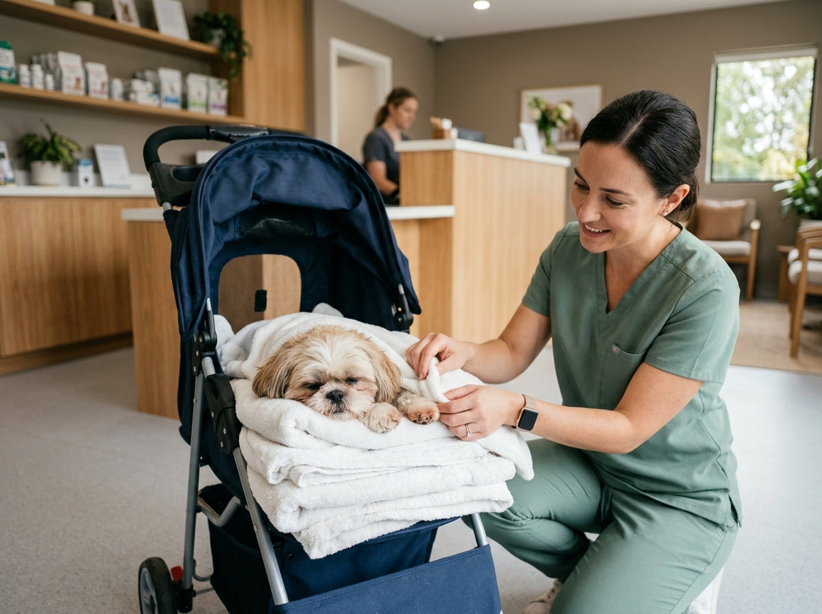 A groggy small dog resting comfortably on soft blankets inside a modern pet stroller in a quiet veterinary clinic lobby.