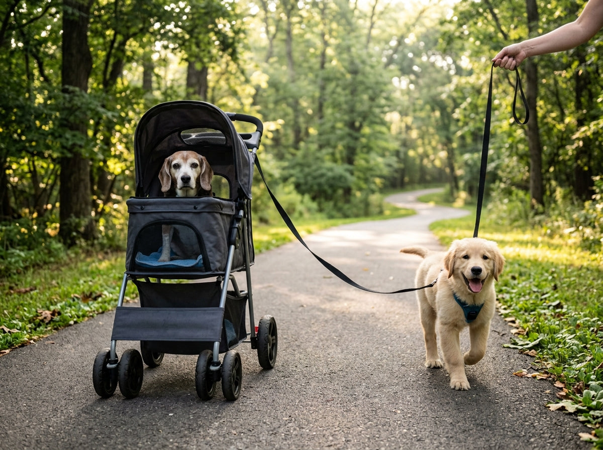 Beagle resting in an open pet stroller while an energetic Golden Retriever puppy walks on a leash nearby in a park.