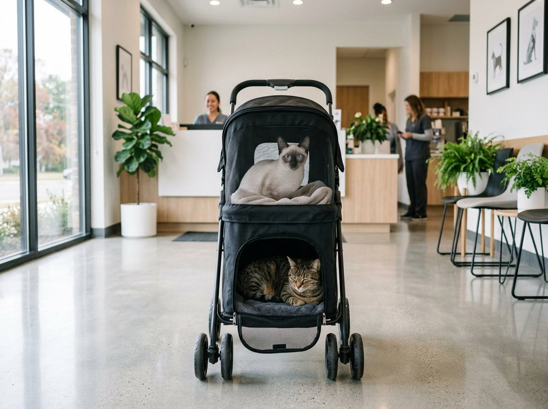 A modern double-decker pet stroller carrying two separate cats resting calmly inside independent upper and lower compartments in a veterinary clinic.