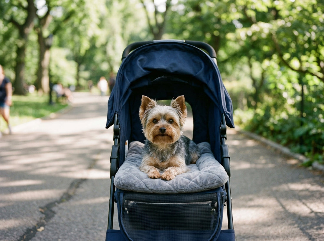 Small Yorkshire Terrier resting comfortably on a soft orthopedic pad inside an open pet stroller on a sunny path.