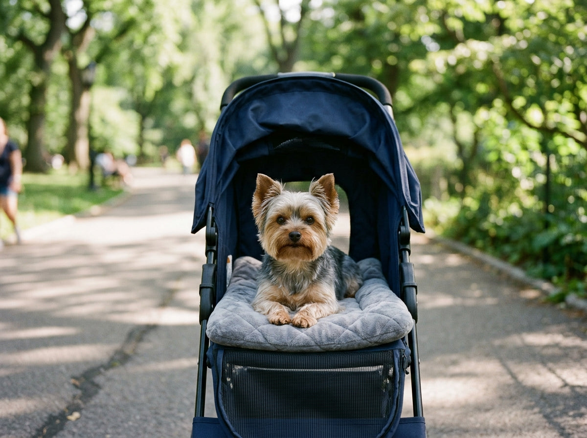 Small Yorkshire Terrier resting comfortably on a soft orthopedic pad inside an open pet stroller on a sunny path.