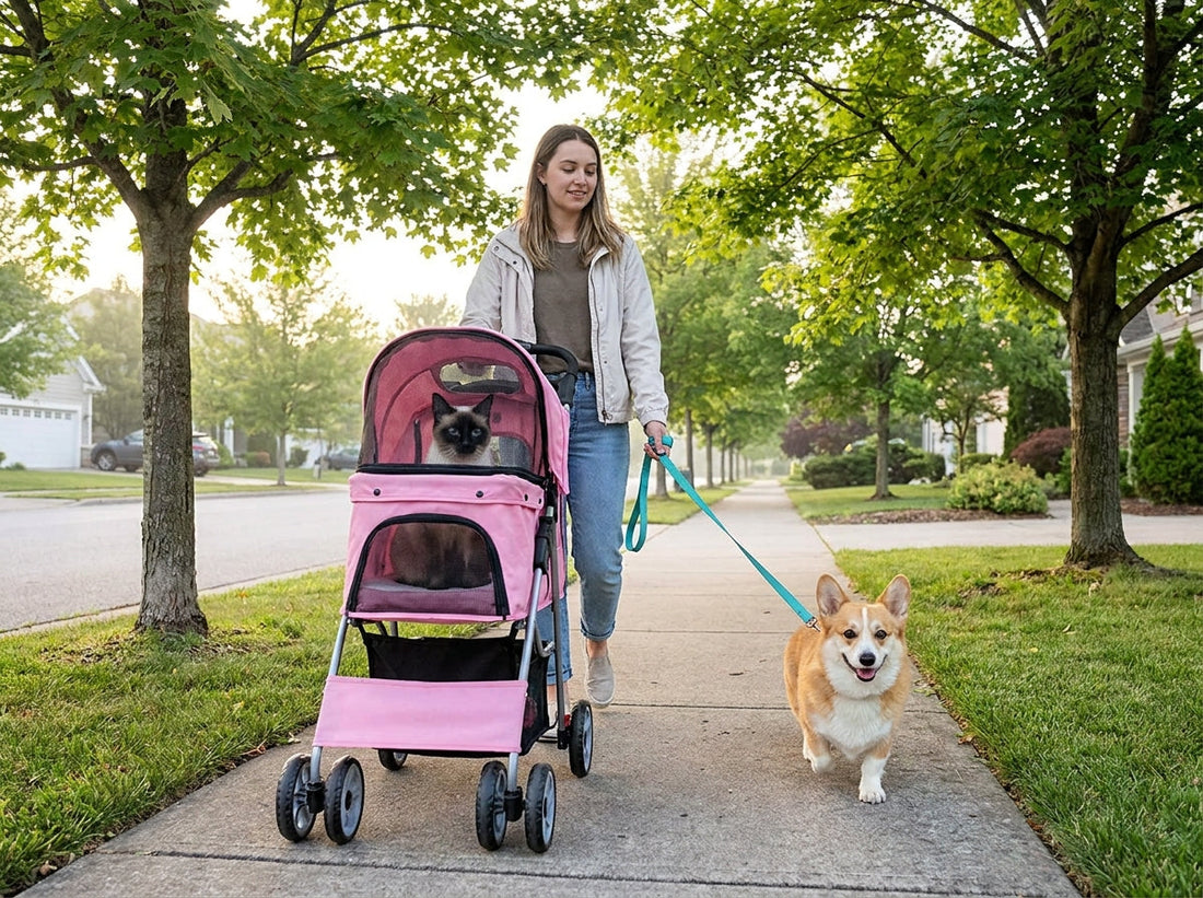 A pet owner pushing a pink pet stroller with a calm cat inside while walking a small dog on a leash alongside.