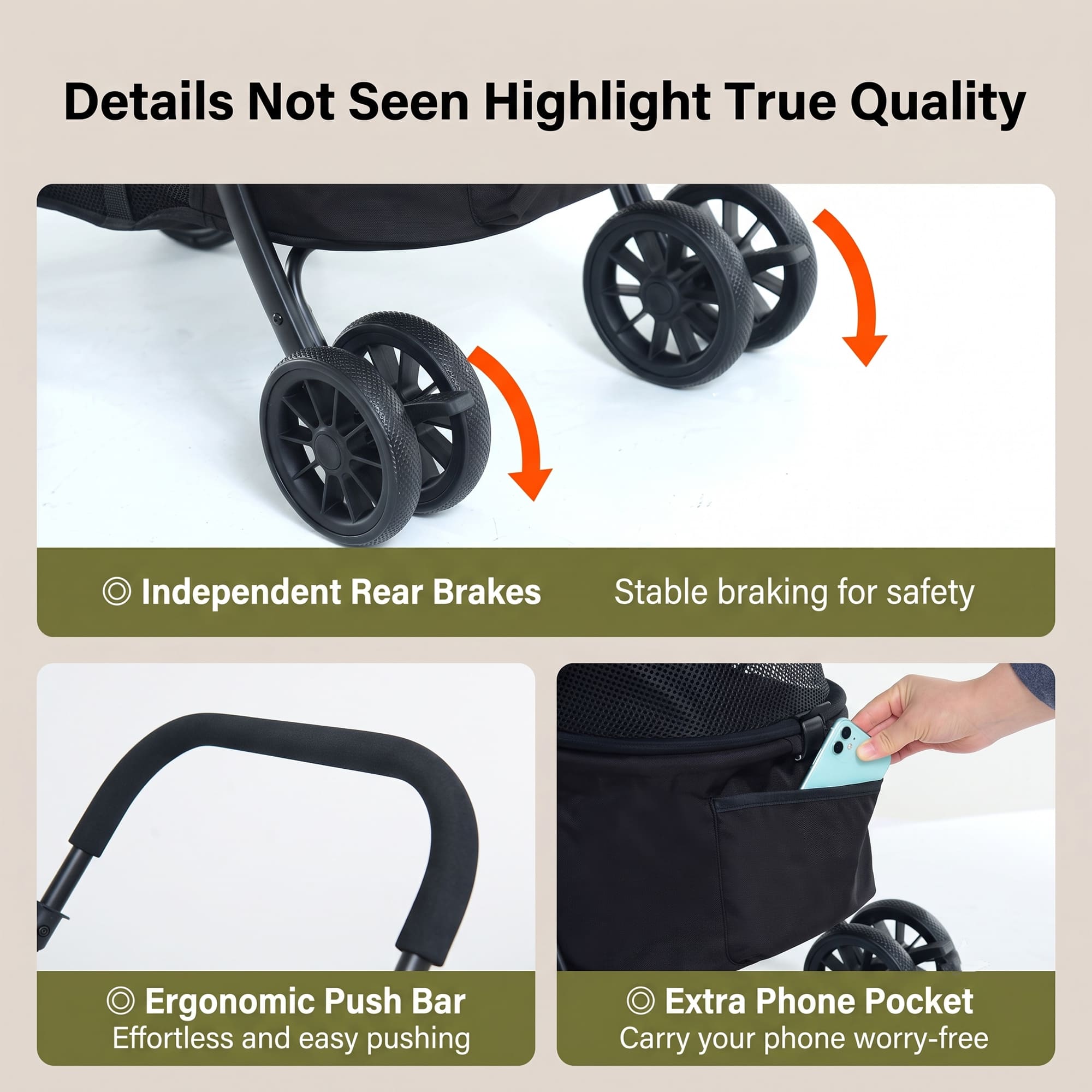 Pet stroller with rear brakes ergonomic handle and phone pocket