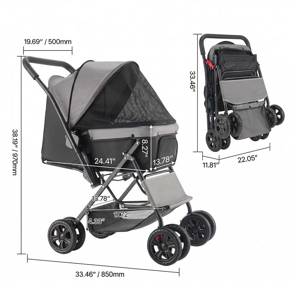 Foldable 4-Wheel Dog & Cat Stroller with Mesh Windows