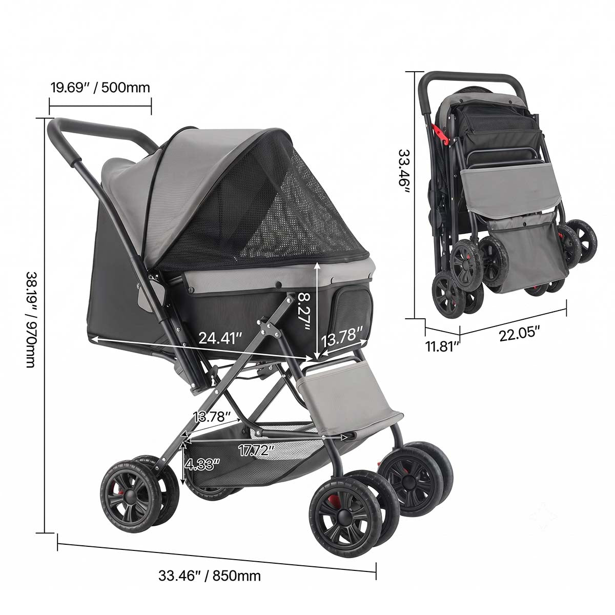 Foldable 4-Wheel Dog & Cat Stroller with Mesh Windows