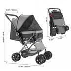 Foldable black 4-wheel pet stroller shown with product dimensions and folded size