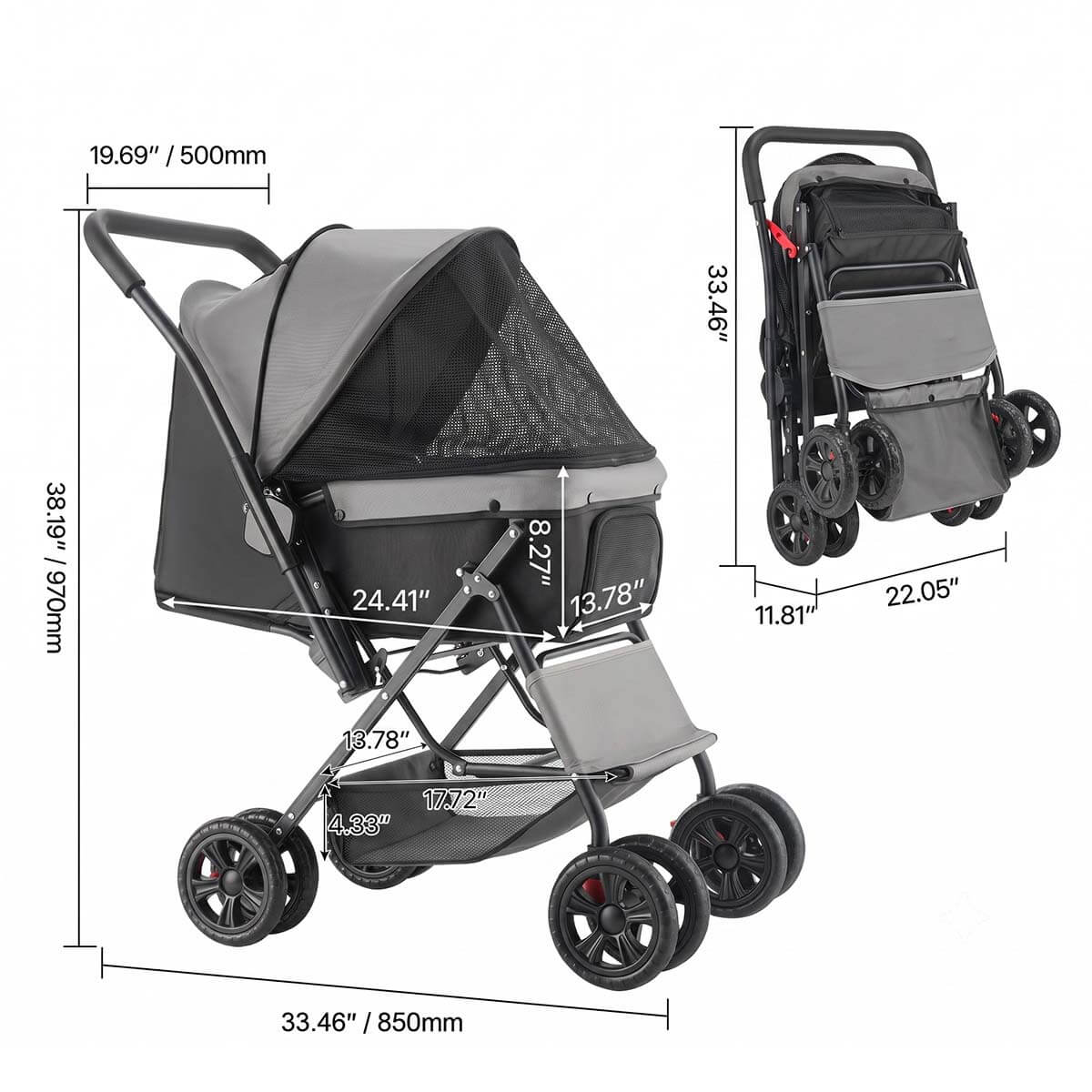 Foldable black 4-wheel pet stroller shown with product dimensions and folded size