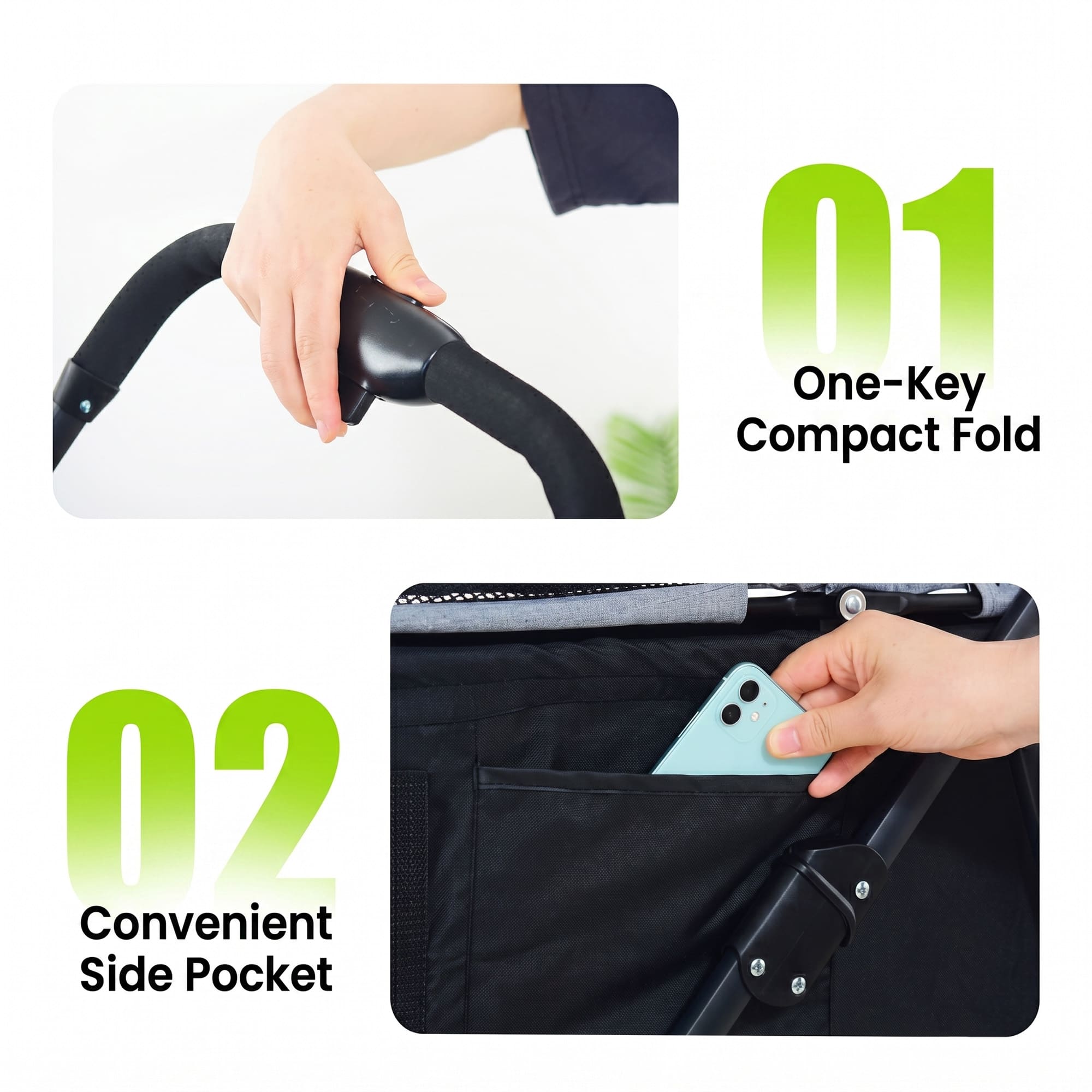 Pet stroller handle and side pocket showing one-key compact fold design