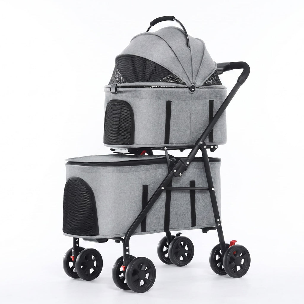 Gray detachable double pet stroller with two carrier seats and breathable mesh