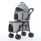 Gray detachable double pet stroller with two carrier seats and breathable mesh