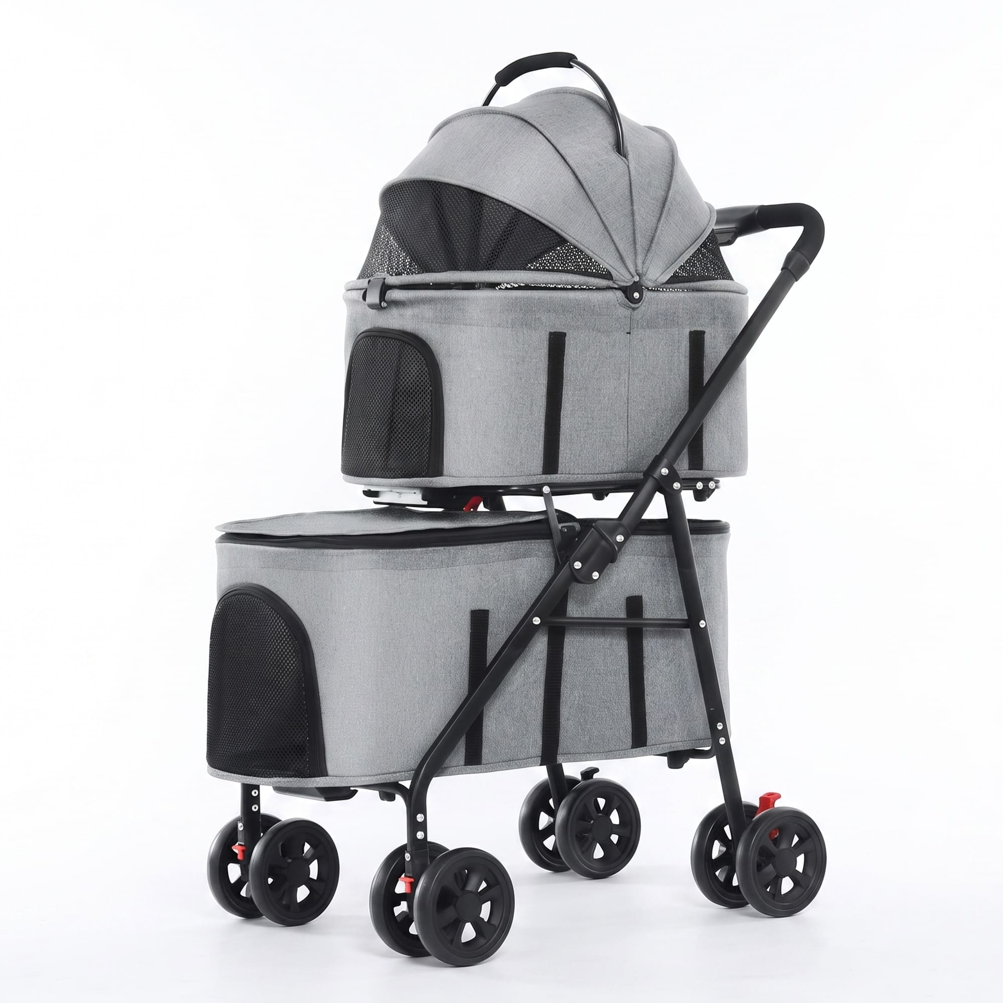 Gray detachable double pet stroller with two carrier seats and breathable mesh
