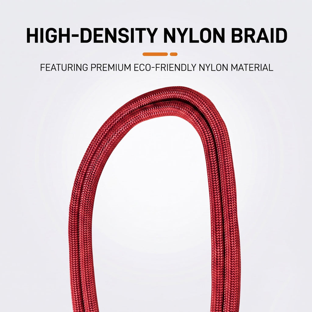 Red high-density nylon dog leash braid close-up