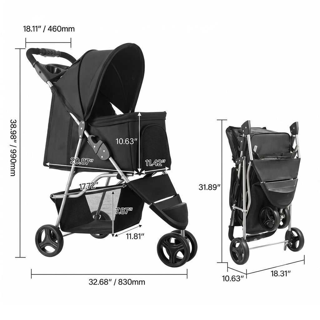 Foldable 3-Wheel Pet Stroller - Up to 35 lbs