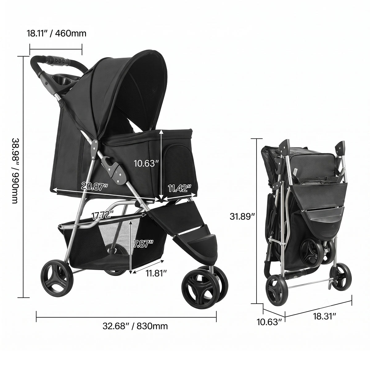 Foldable 3-Wheel Pet Stroller - Up to 35 lbs