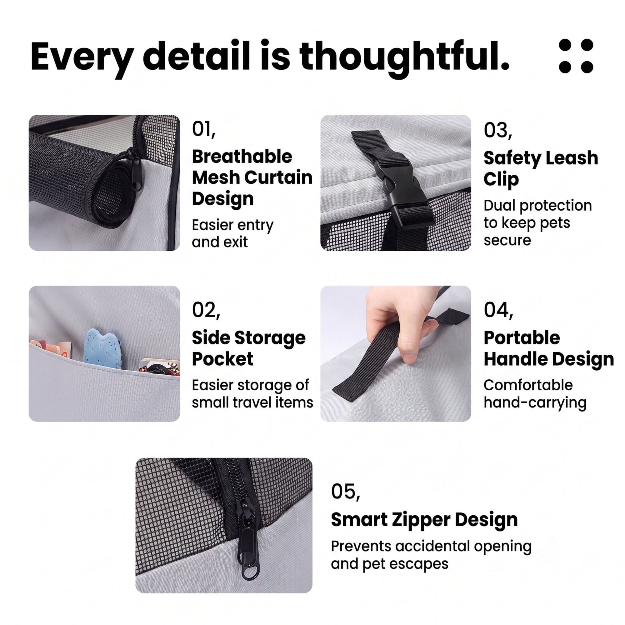 Foldable pet carrier details with mesh curtain, side pocket, safety leash clip, handle, and zipper