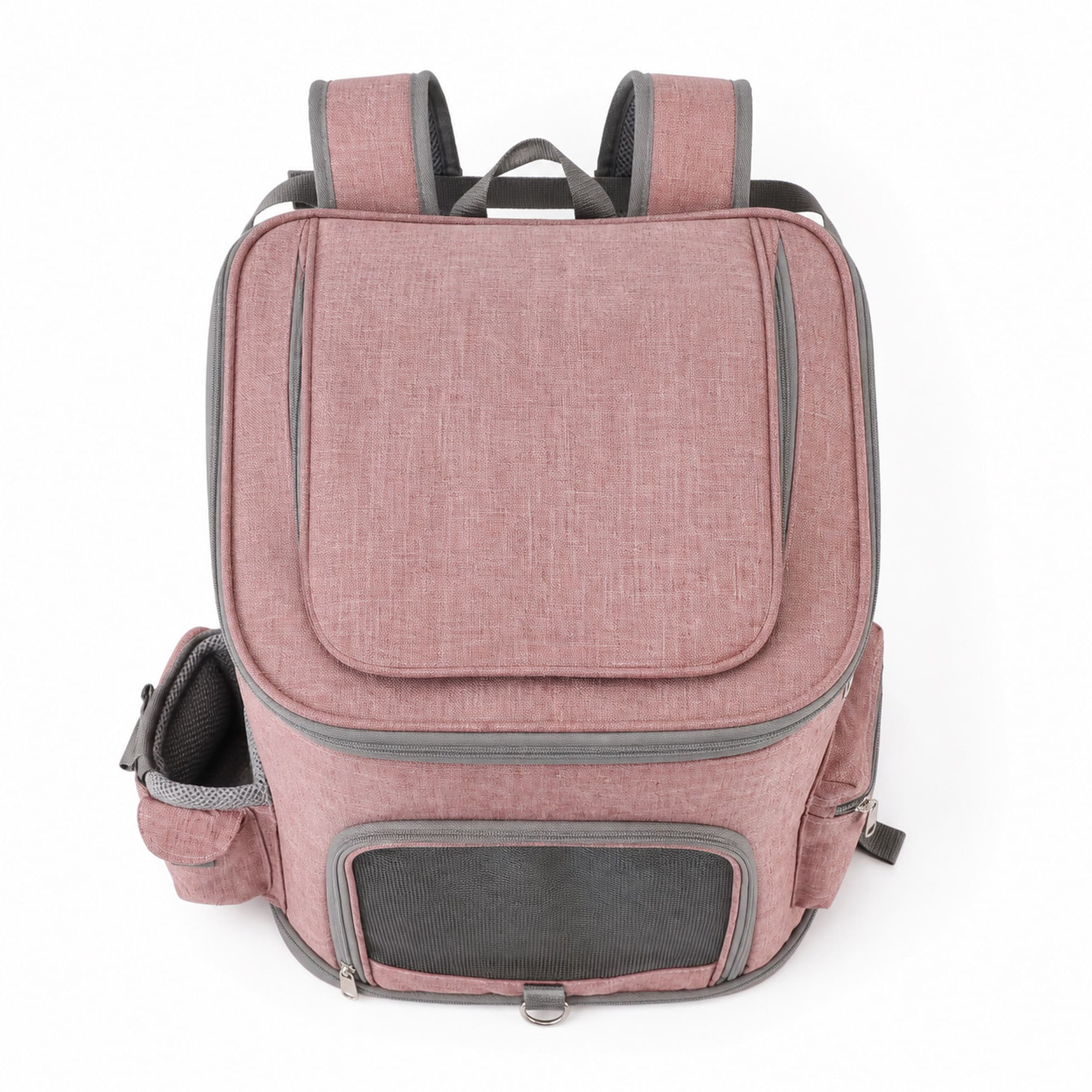 Pink pet carrier backpack with front mesh door, side pockets, and top opening