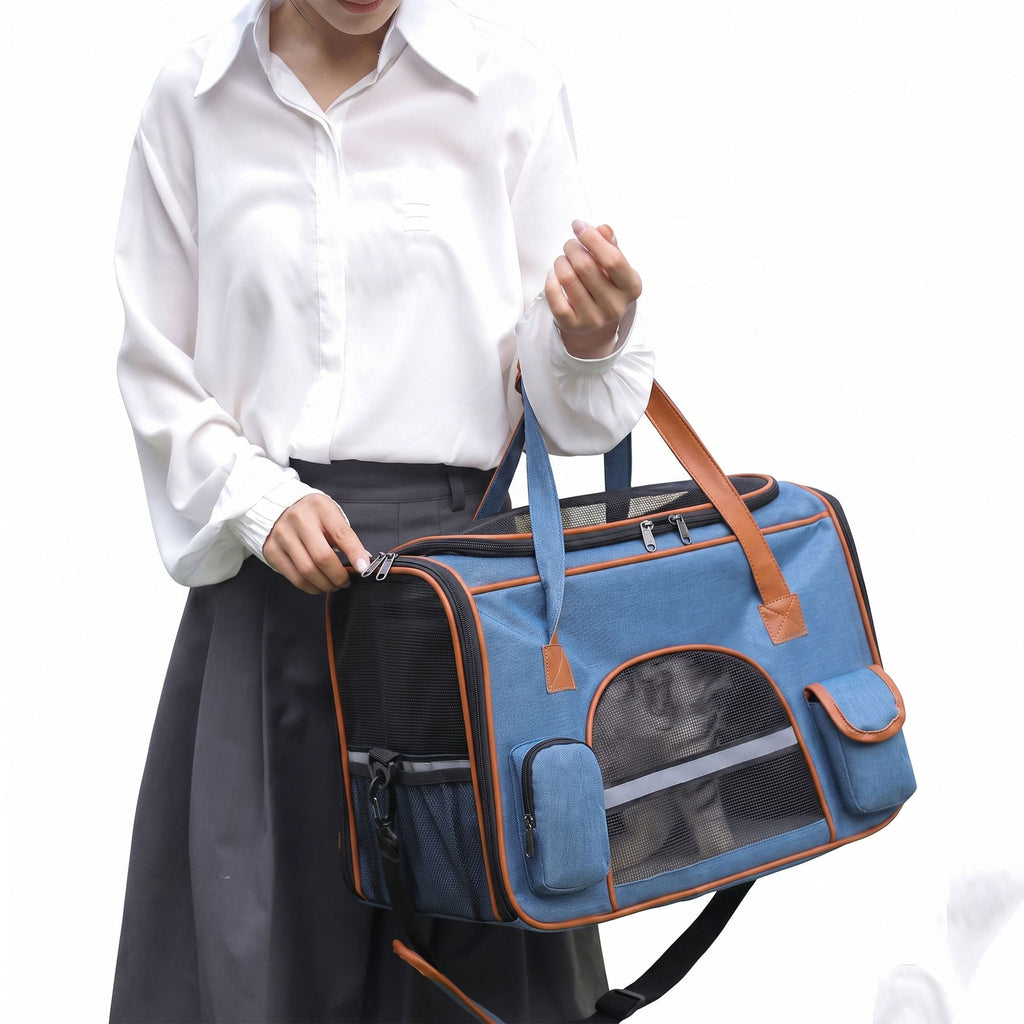 Person holding blue soft pet carrier tote with mesh panels and side pockets