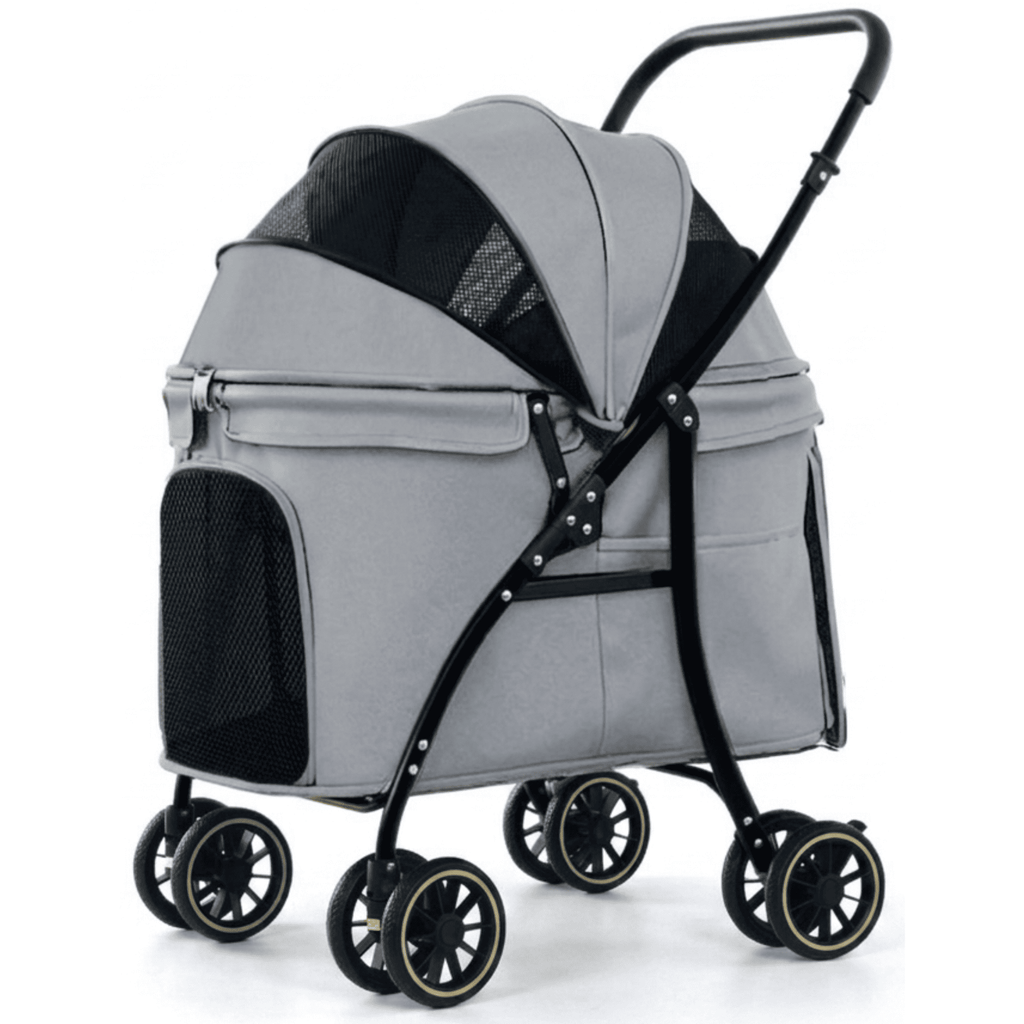 Gray foldable pet stroller for medium and large dogs and cats