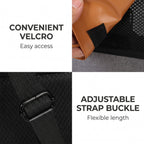 Pet carrier detail showing Velcro closure and adjustable strap buckle