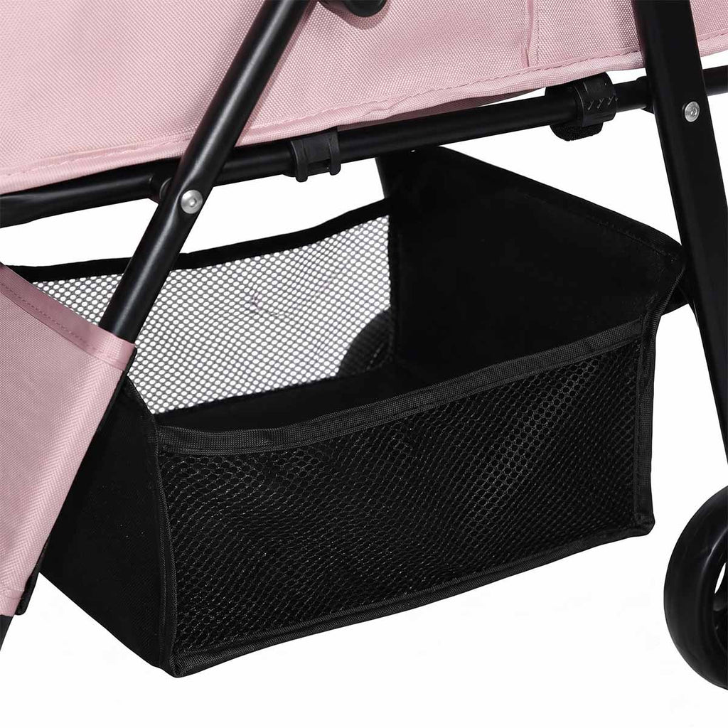 Large lower storage basket on pink foldable pet stroller