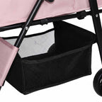 Large lower storage basket on pink foldable pet stroller