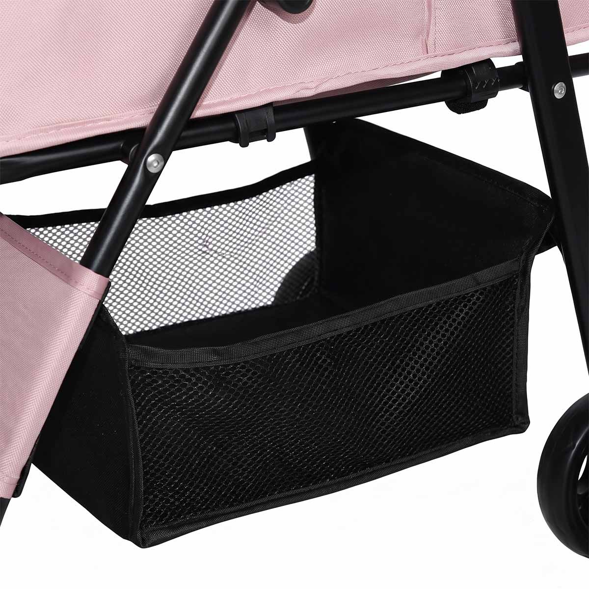 Large lower storage basket on pink foldable pet stroller