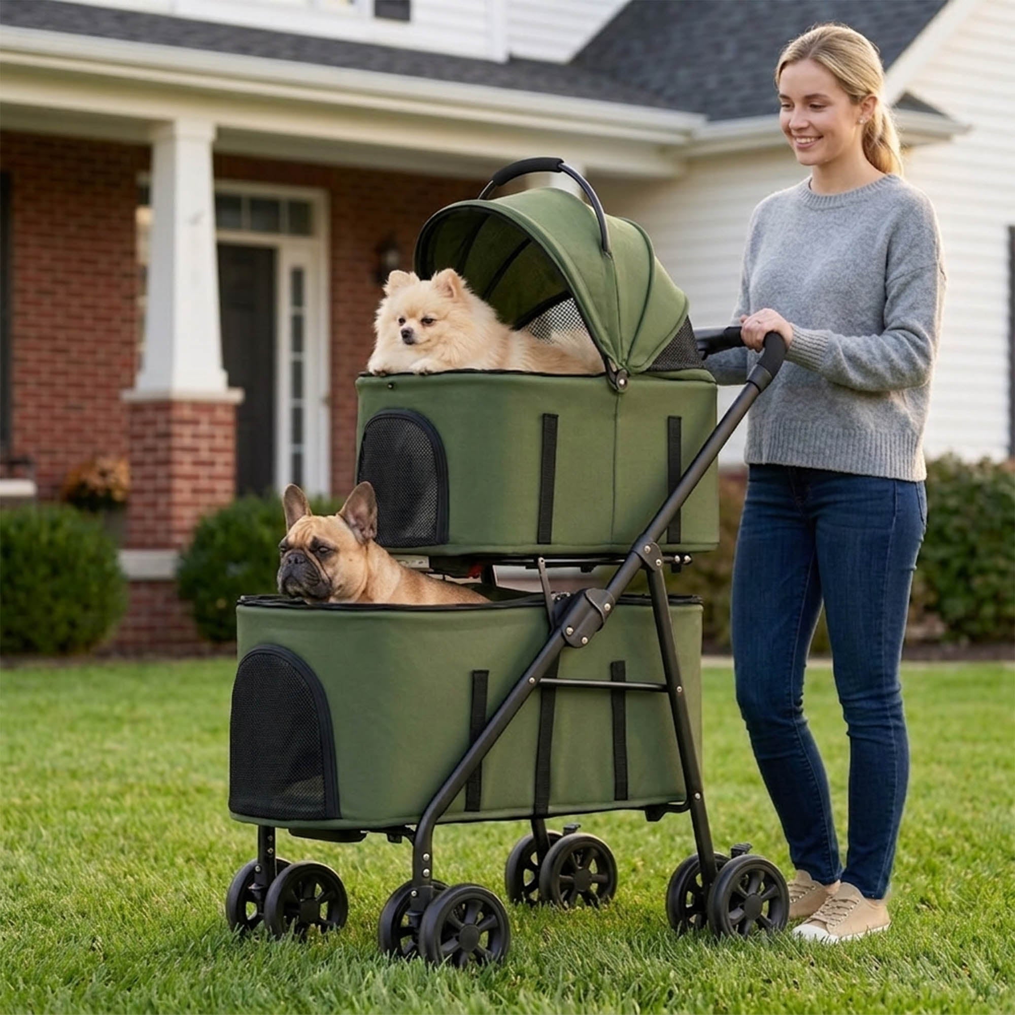 Woman walking two dogs in a green detachable double pet stroller with breathable mesh carriers