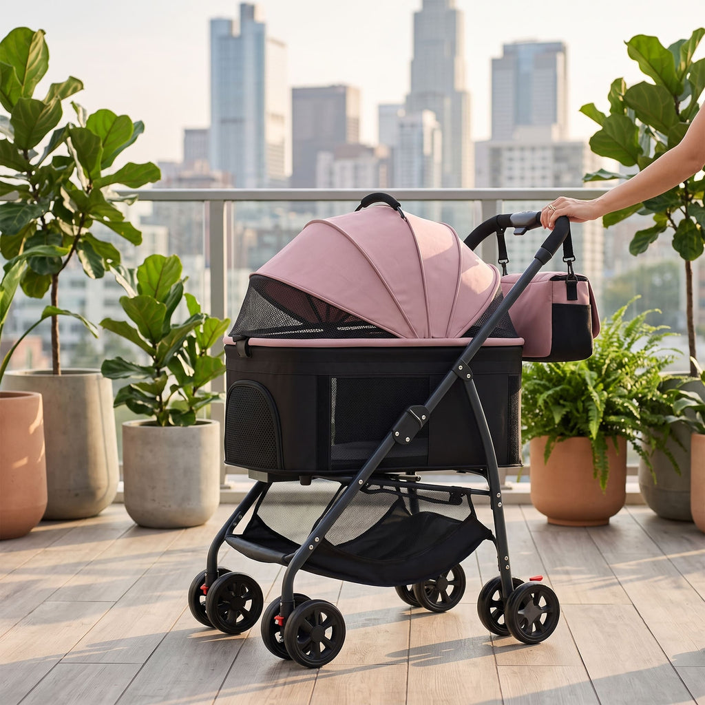 Pink pet stroller with detachable carrier on outdoor balcony