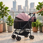 Pink pet stroller with detachable carrier on outdoor balcony