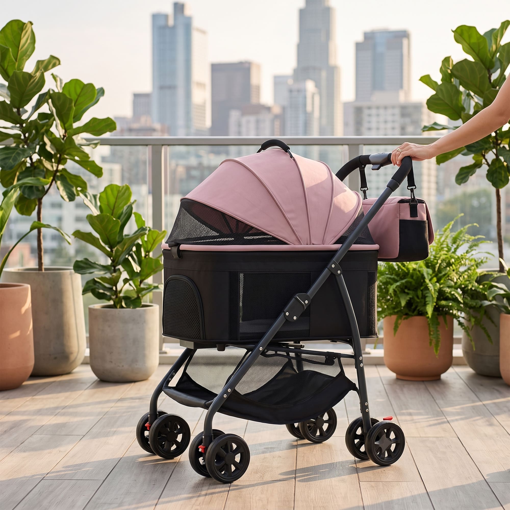 Pink pet stroller with detachable carrier on outdoor balcony