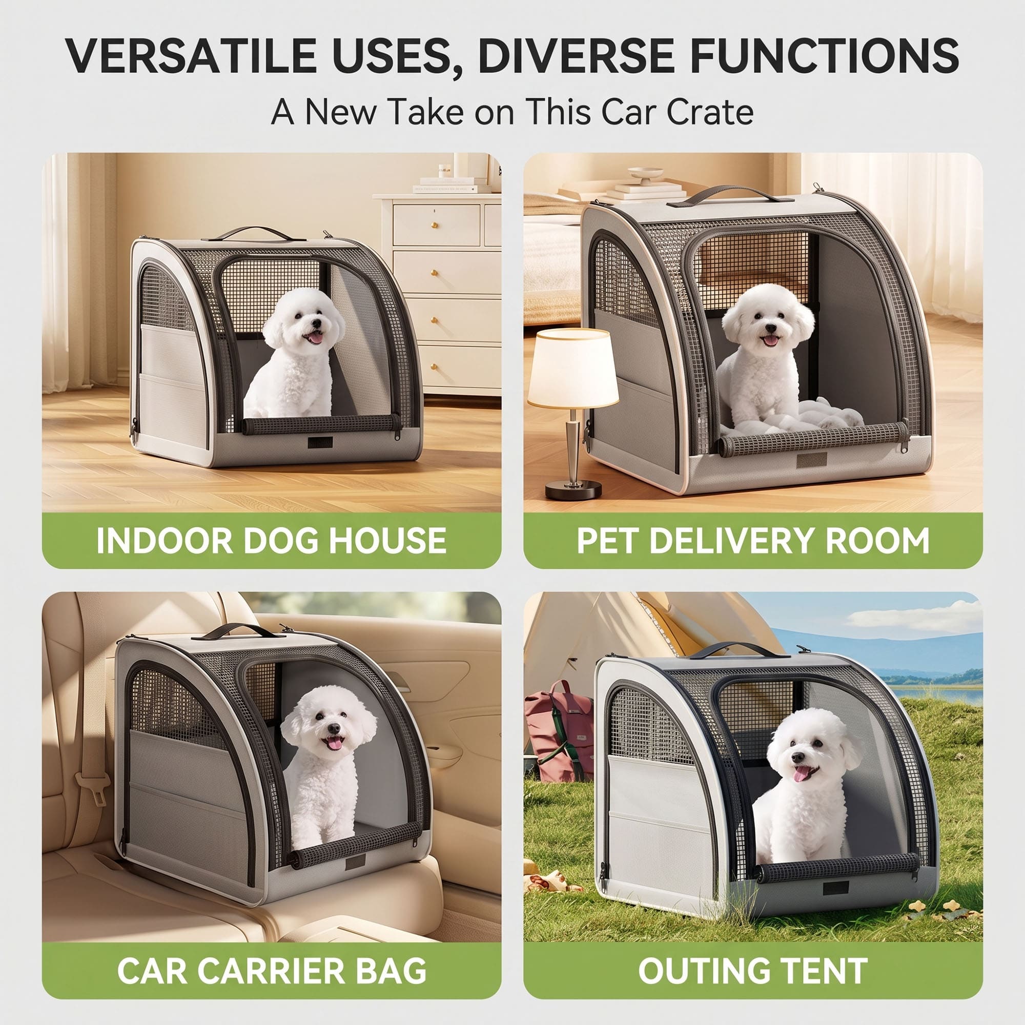 4-in-1 pet carrier used as indoor dog house, pet delivery room, car carrier bag, and outing tent