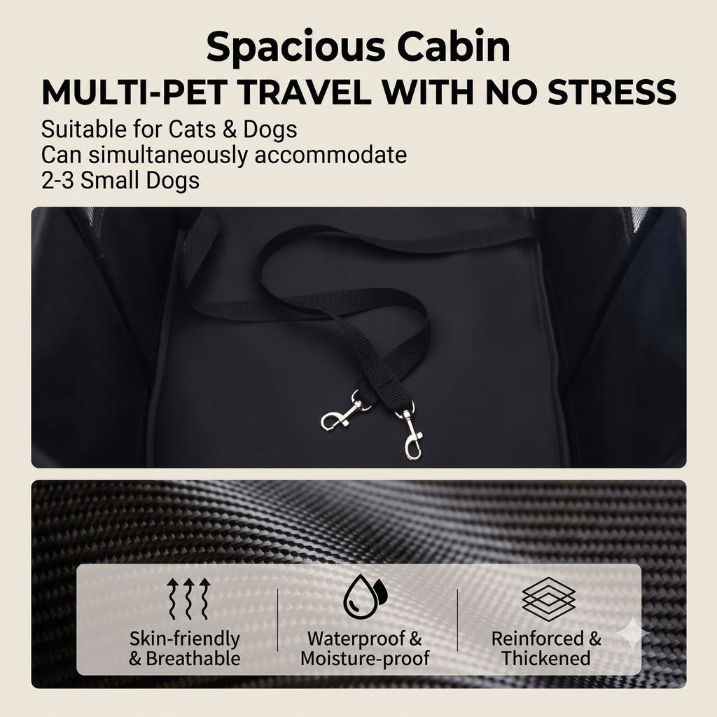 Spacious pet stroller cabin with breathable mesh and safety leash clips