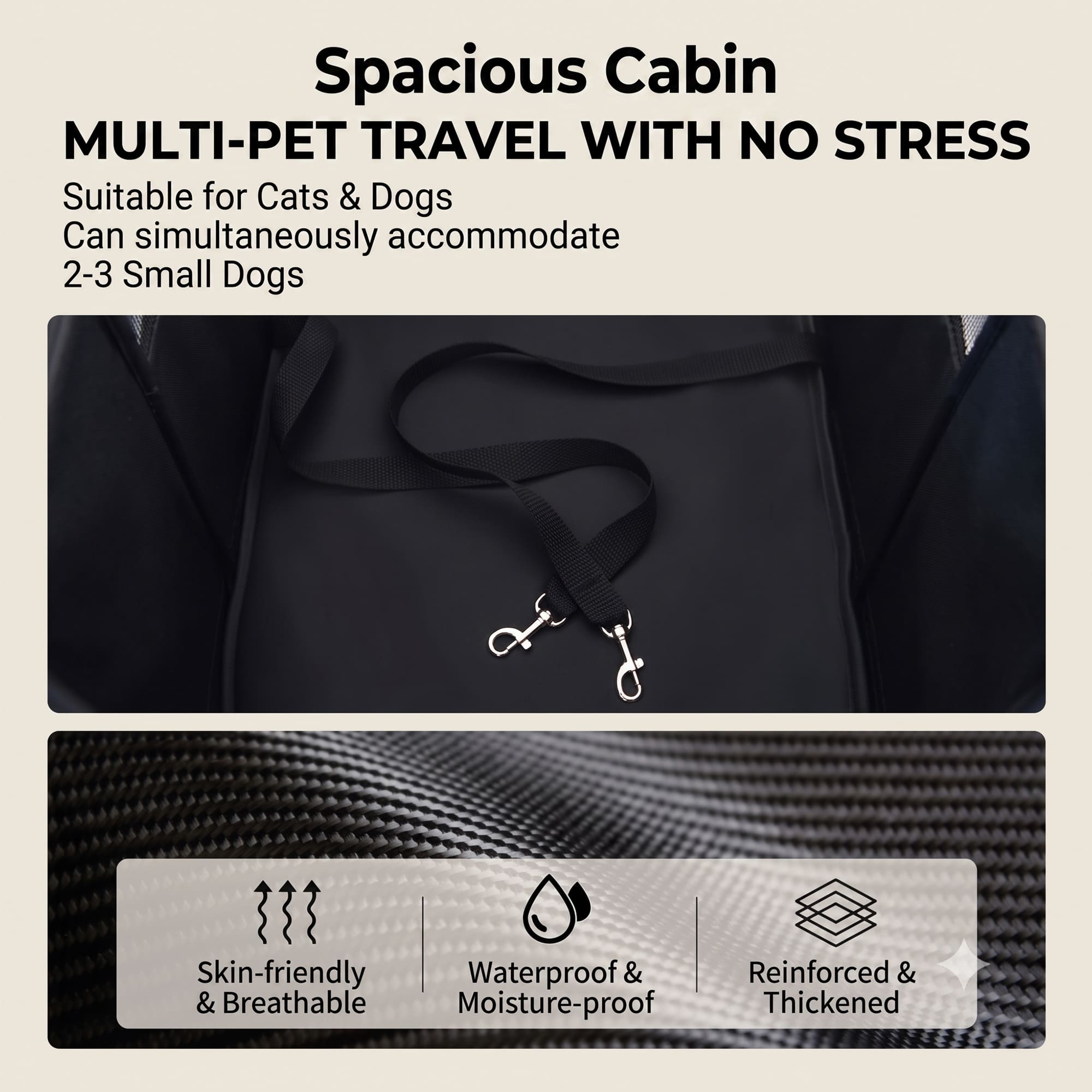 Spacious pet stroller cabin with breathable mesh and safety leash clips
