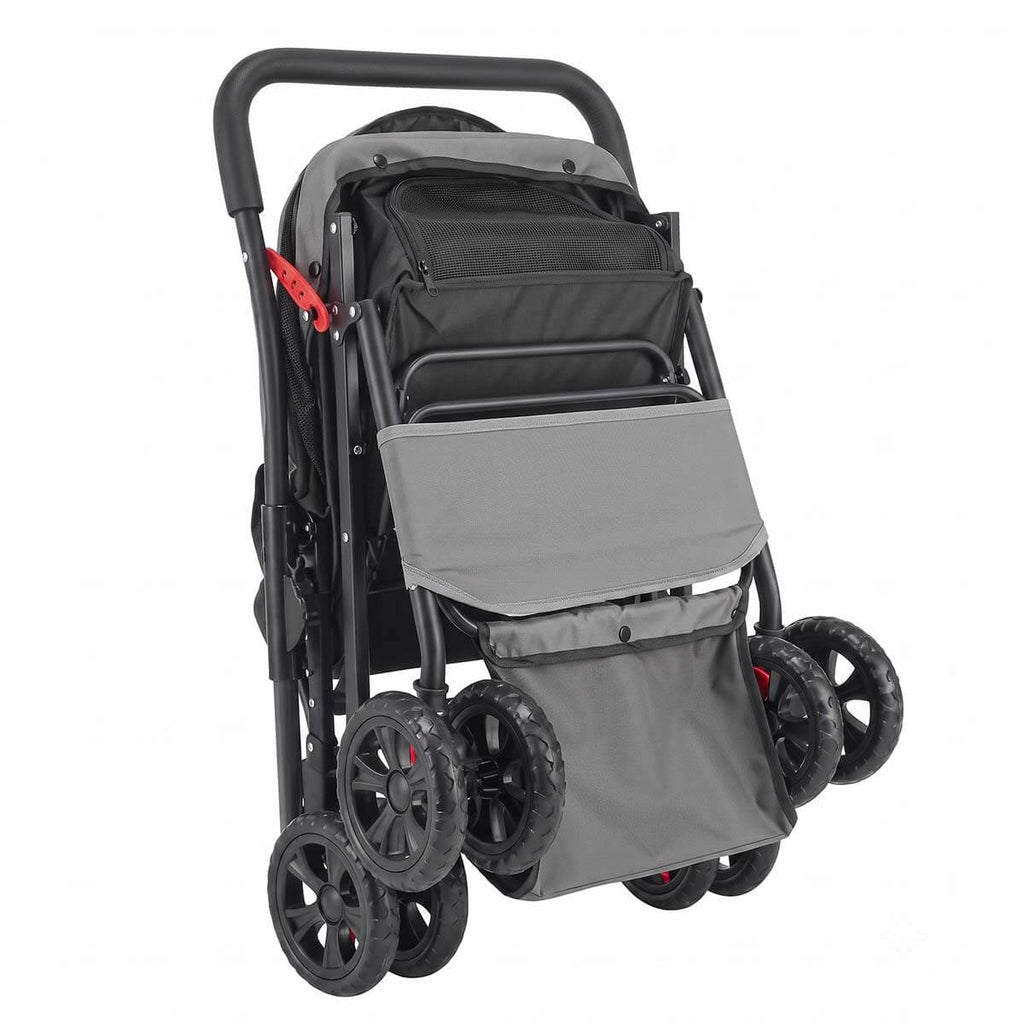 Foldable black 4-wheel pet stroller shown with product dimensions and folded size
