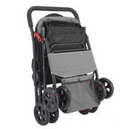 Foldable black 4-wheel pet stroller shown with product dimensions and folded size