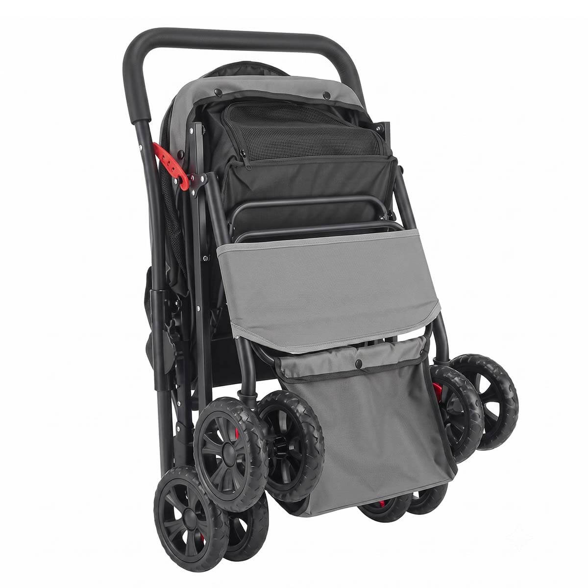 Foldable black 4-wheel pet stroller shown with product dimensions and folded size