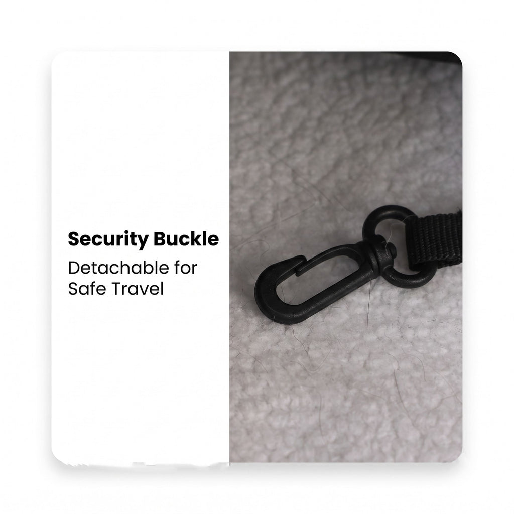 Pet carrier security buckle close-up for travel use