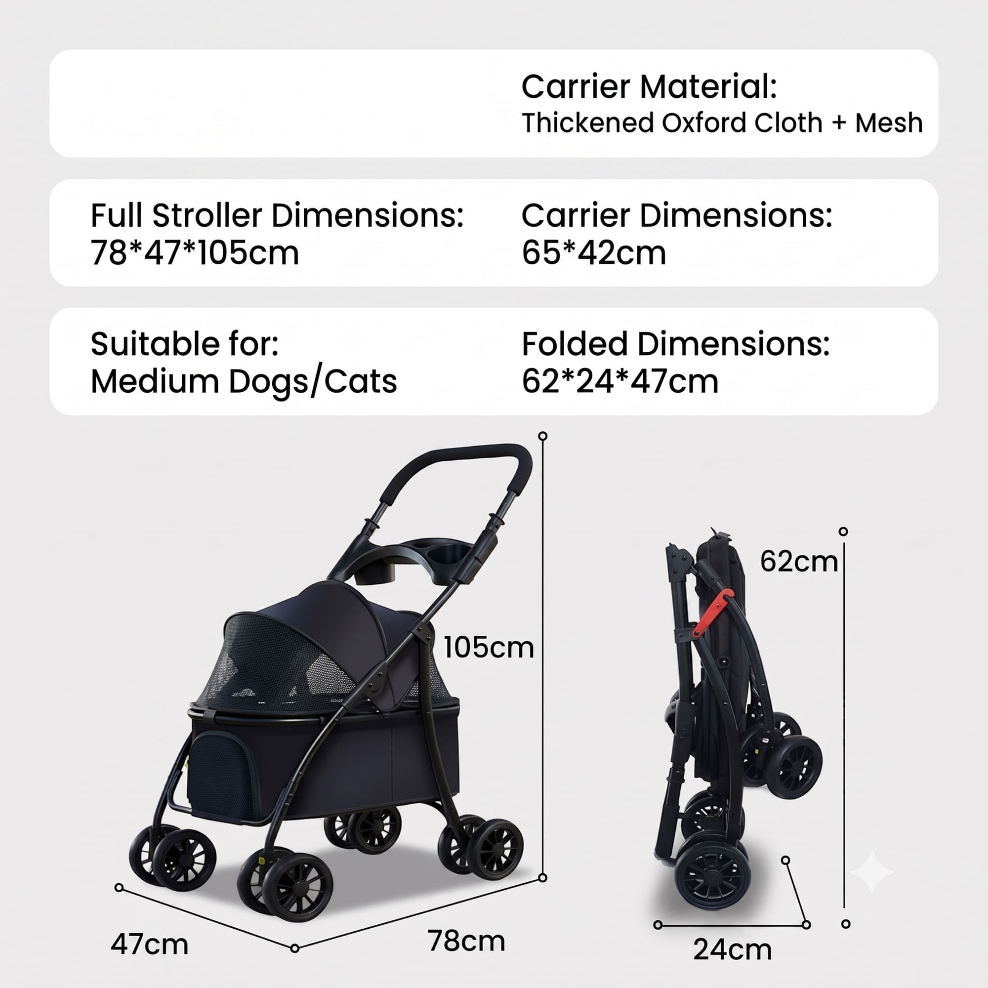 Foldable pet stroller dimensions with Oxford cloth and mesh carrier