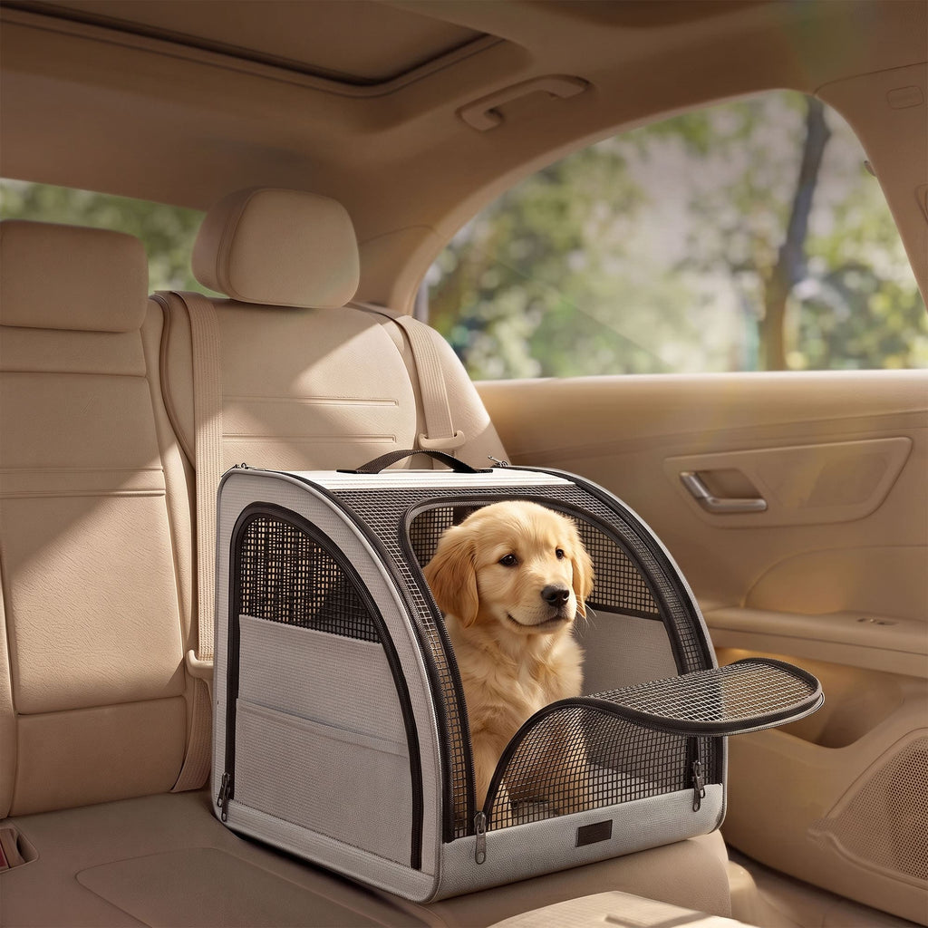  Dog sitting inside foldable pet car crate on rear car seat