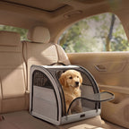  Dog sitting inside foldable pet car crate on rear car seat