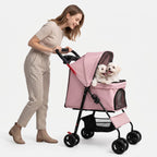 Pink Foldable 4-Wheel Pet Stroller with Tray, Up to 28 lb
